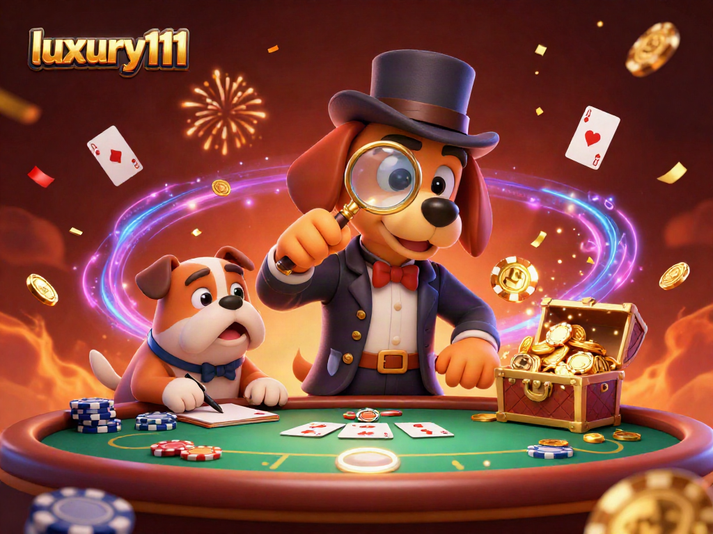 Experience the excitement of luxury111 as a cartoon detective and bulldog uncover poker treasures in a vibrant casino scene.