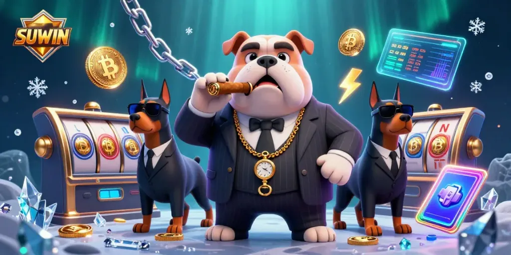 Experience thrilling slots at SUWIN with a mafia boss bulldog illustration surrounded by crypto coins.