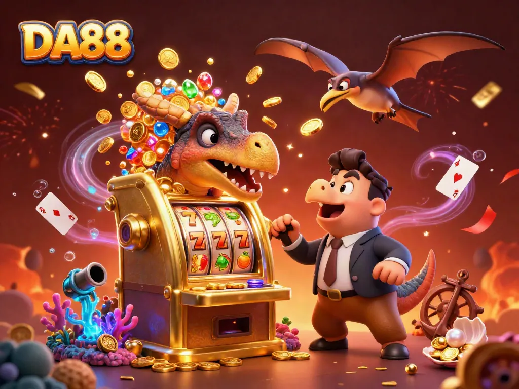 DA88 jackpot scene with a dinosaur celebrating, rich in vibrant casino elements and golden coins