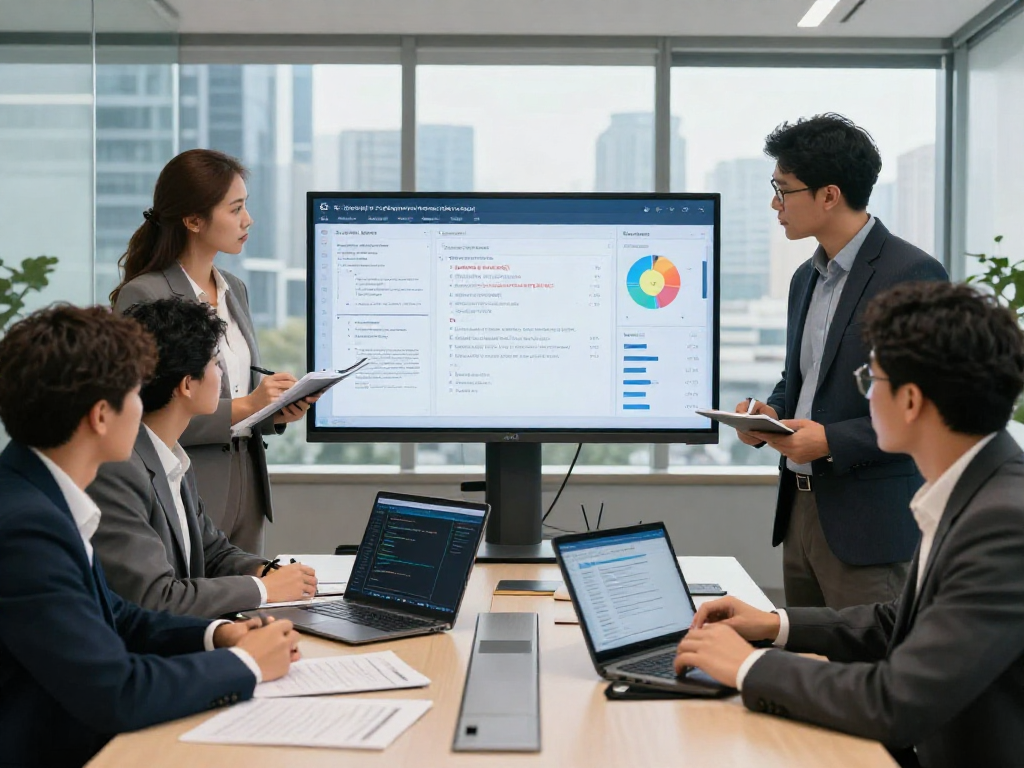 Document fraud detection process with compliance team analyzing verification metrics in a modern office.