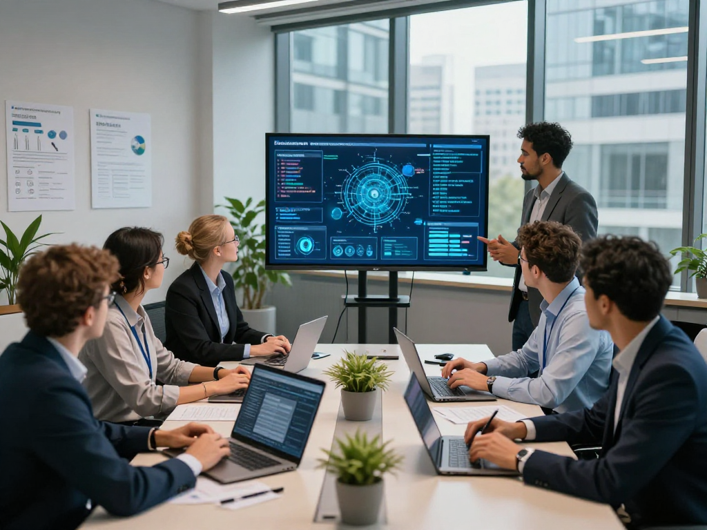 Daten- und IT-Sicherheit Dienstleistung: IT-Profis besprechen Sicherheitsstrategien in modernem Büro.