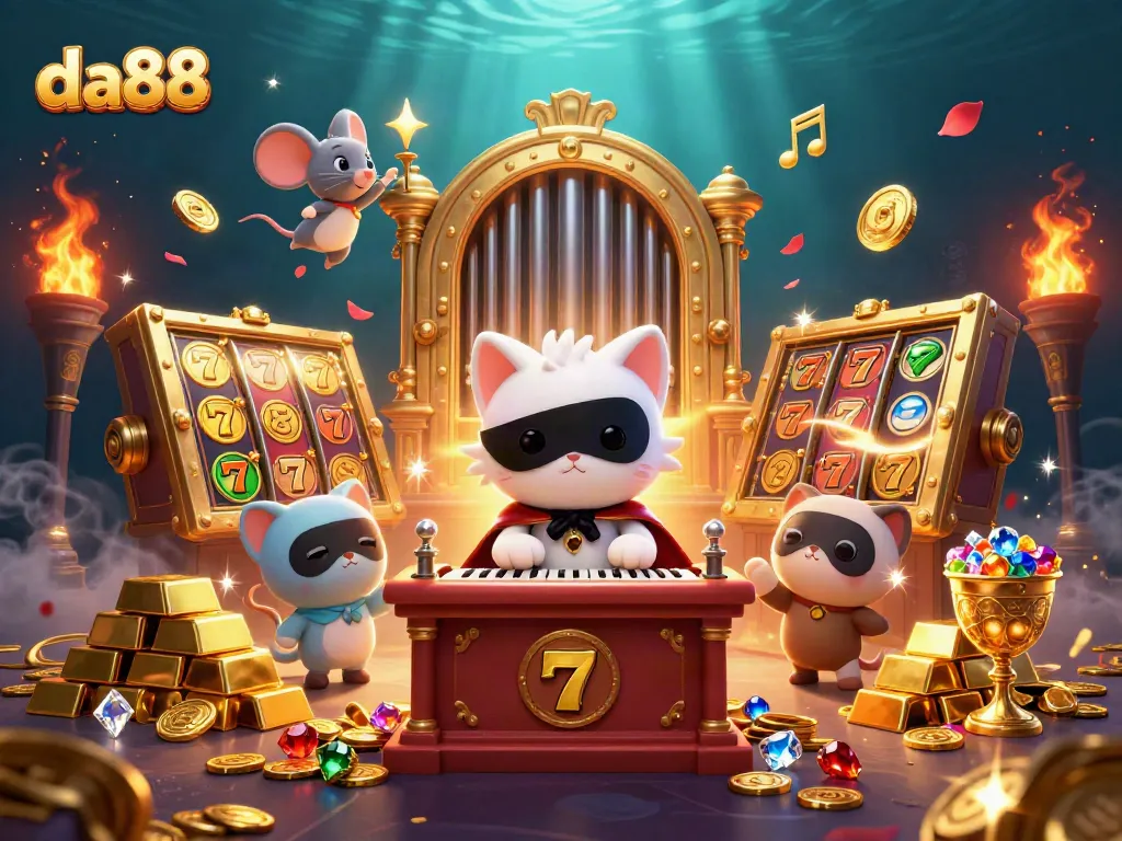 Engage in thrilling slots at da88, featuring dynamic characters and rich casino imagery.