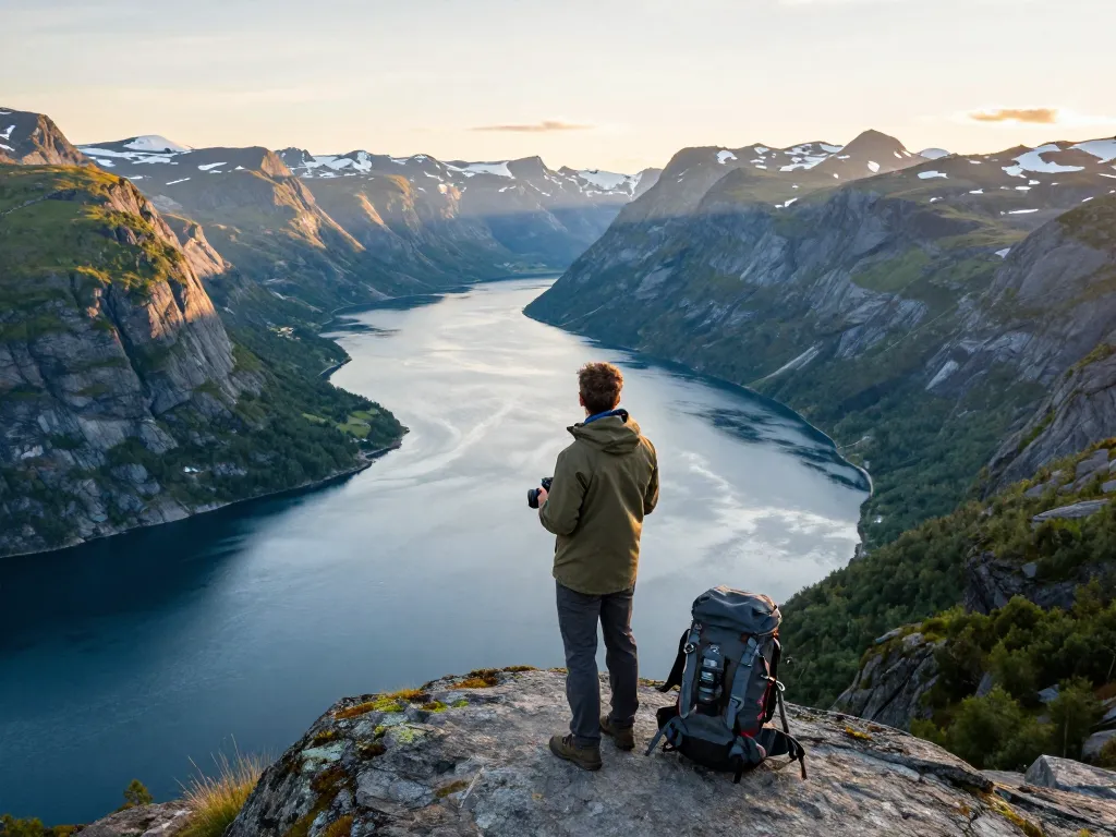 Skandinavien Reisetipps - Reisender genießt einen malerischen Aussichtspunkt mit Fjord und Bergen in der skandinavischen Landschaft.