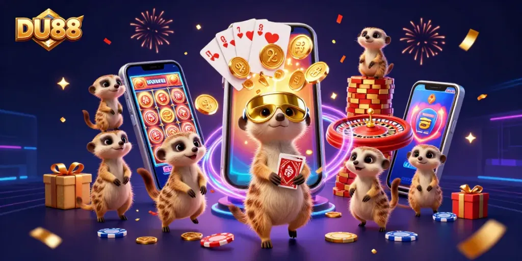 Experience DU88 with lively meerkats managing a vibrant 3D casino scene filled with games and excitement.