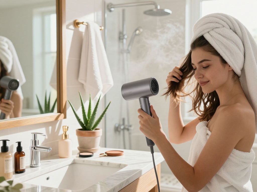 Compact hair dryer in use by a young woman in a bright bathroom, showcasing sleek design and morning styling routine.