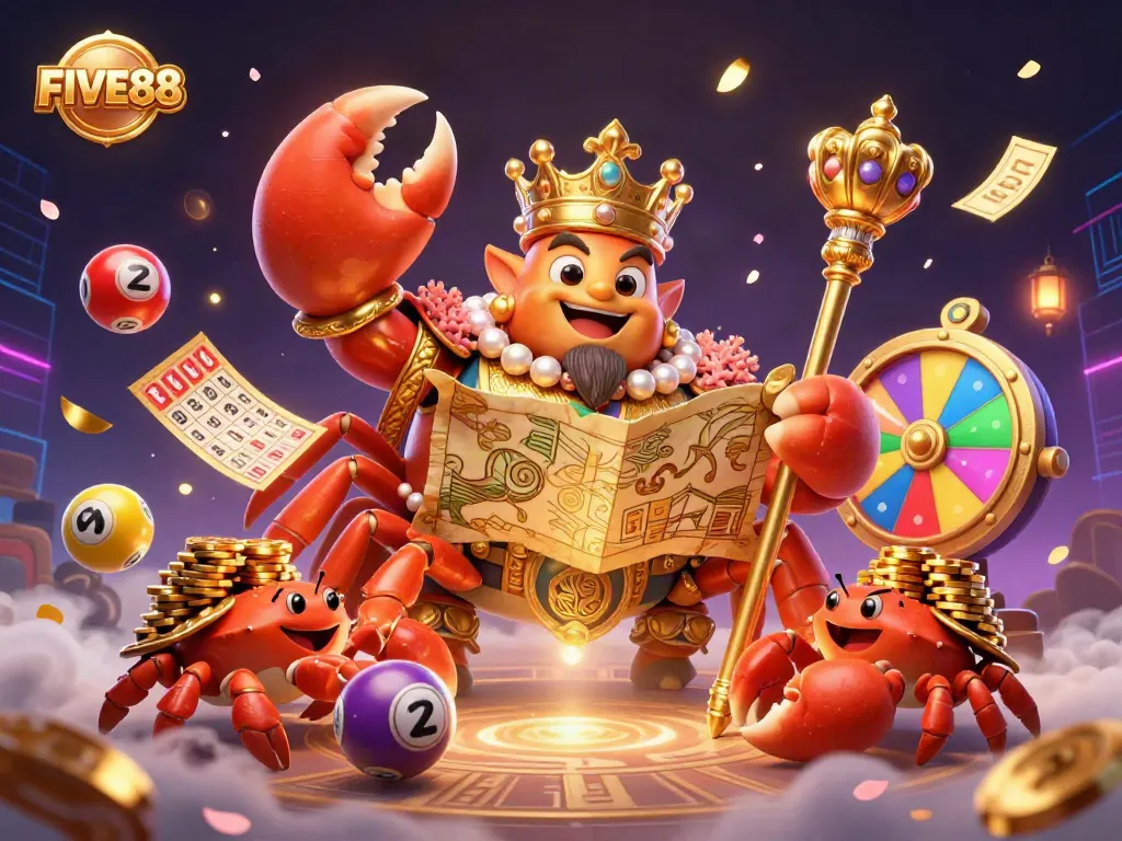 Experience the thrill of FIVE88 with a vibrant 3D casino illustration showcasing games and prizes.