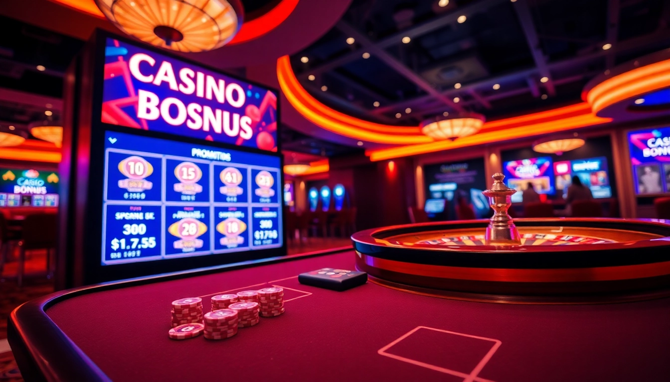 Get thrilling Casino Bonus offers displayed on a digital board amidst a lively gaming table setup.