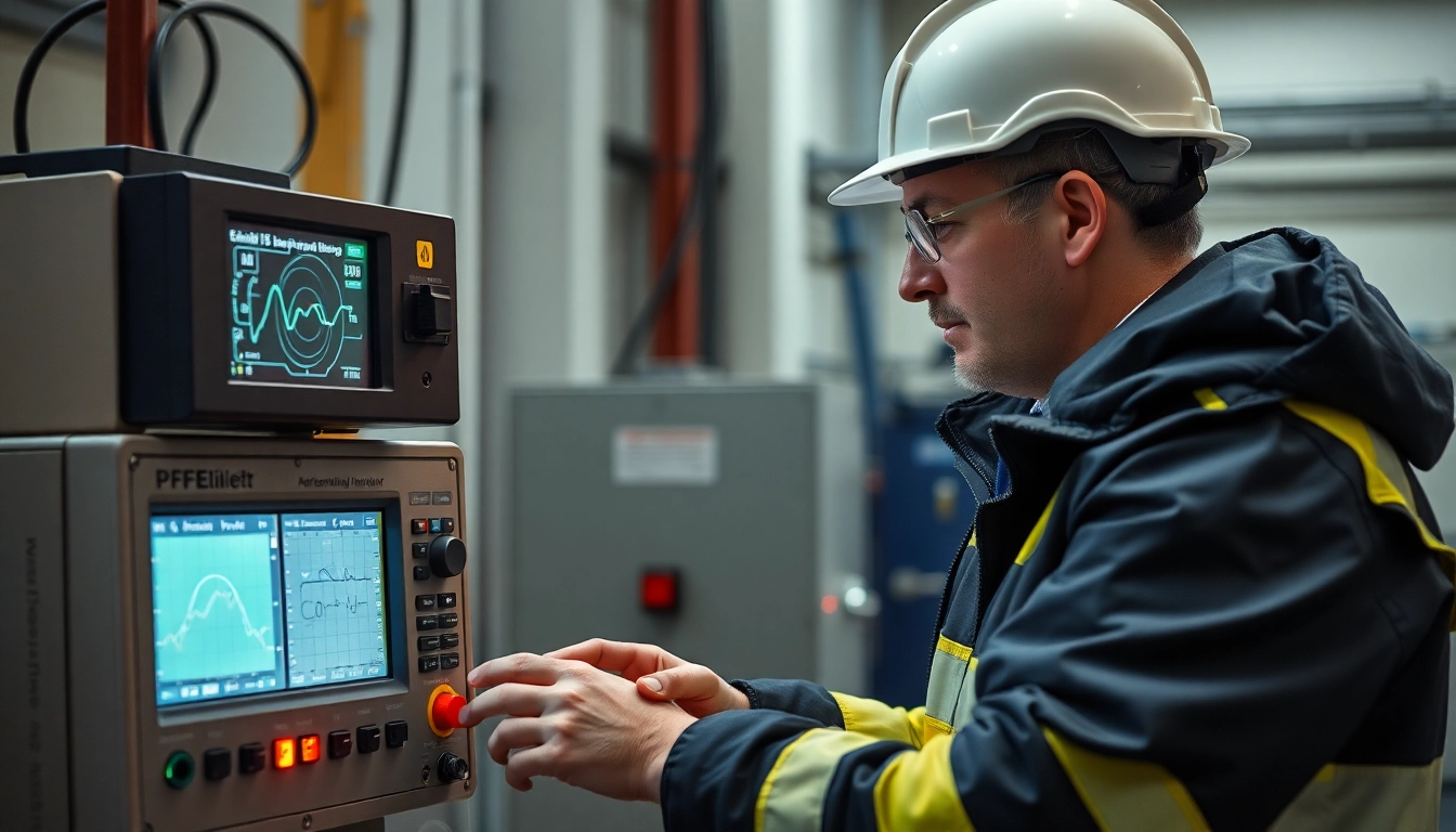 Ingenieur führt eine DGUV V3 Prüfung an einem elektrischen Gerät durch und priorisiert Sicherheit.