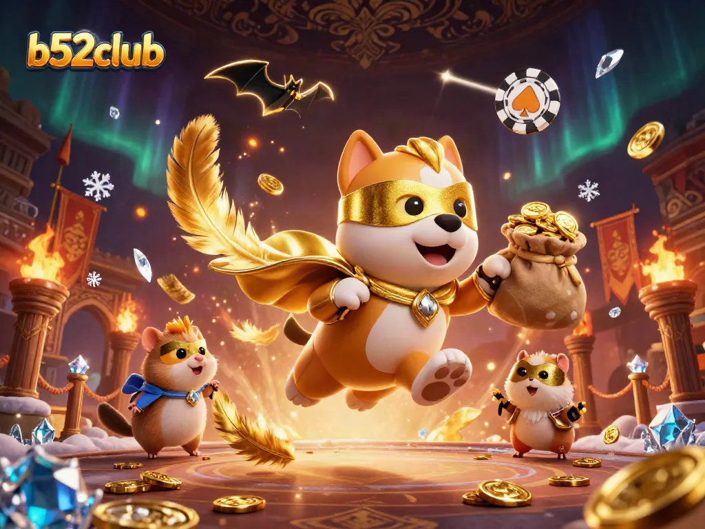 B52club elevates your gaming with thrilling action, showcasing a flying superhero dog with gold coins and lively casino elements.