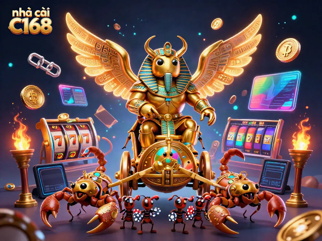 Experience the vibrant action at nhà cái C168 with a fantasy scene featuring a golden scarab chariot amidst casino symbols.