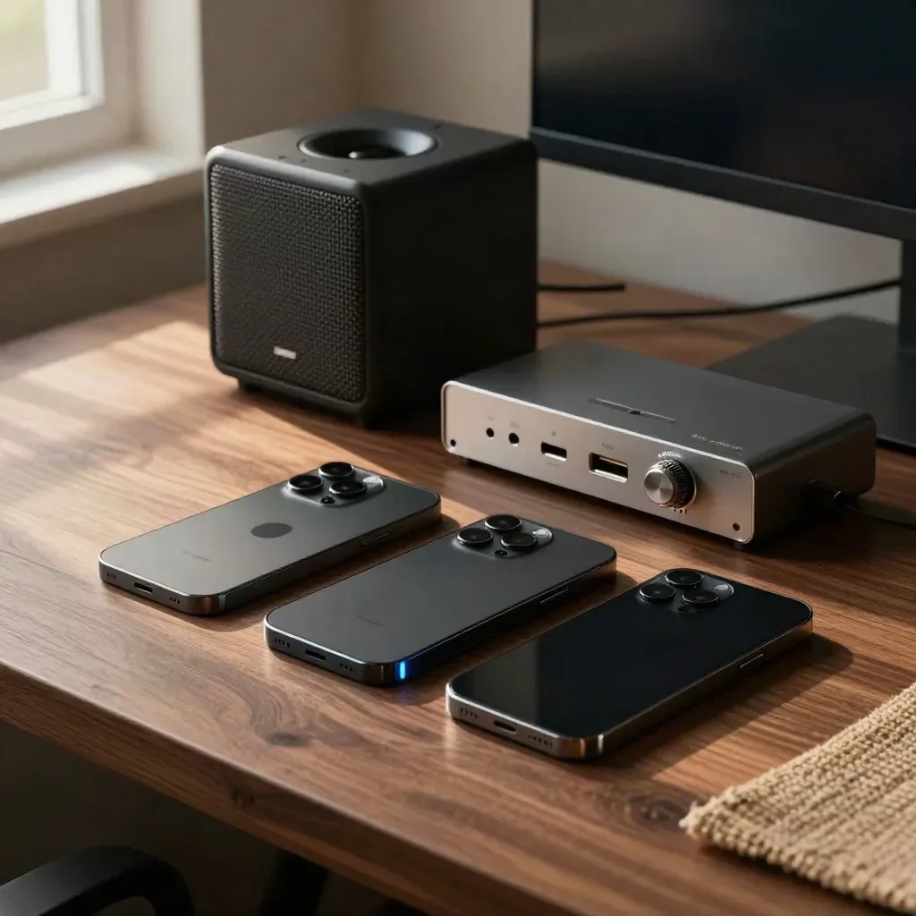 Drei Smartphone-Rückseiten, Lautsprecher und Audiointerface auf dunklem Schreibtisch mit blauem Glühen