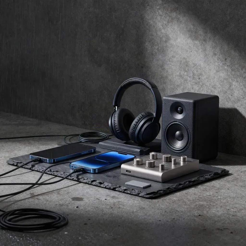 Audio-Setup mit Smartphones, Kopfhörern und Lautsprecher im nassen Licht.