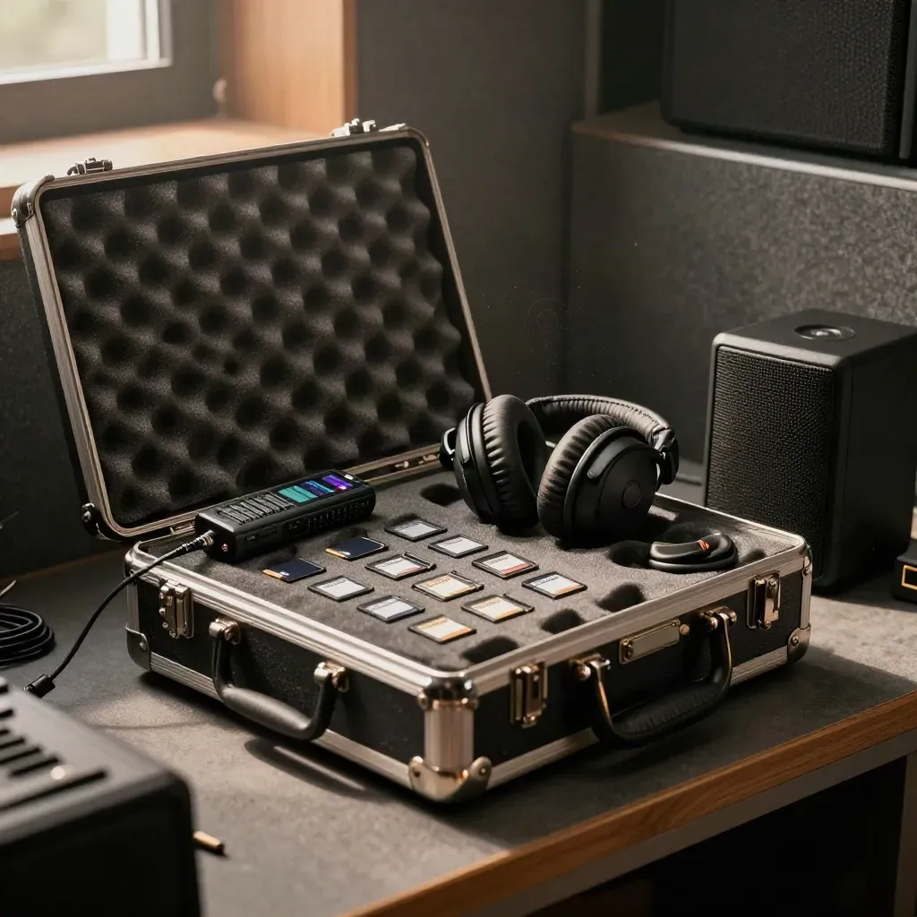 Offener Soundpack-Koffer mit Kopfhörern, Recorder und Monitorlautsprecher im warmen Studiolicht.