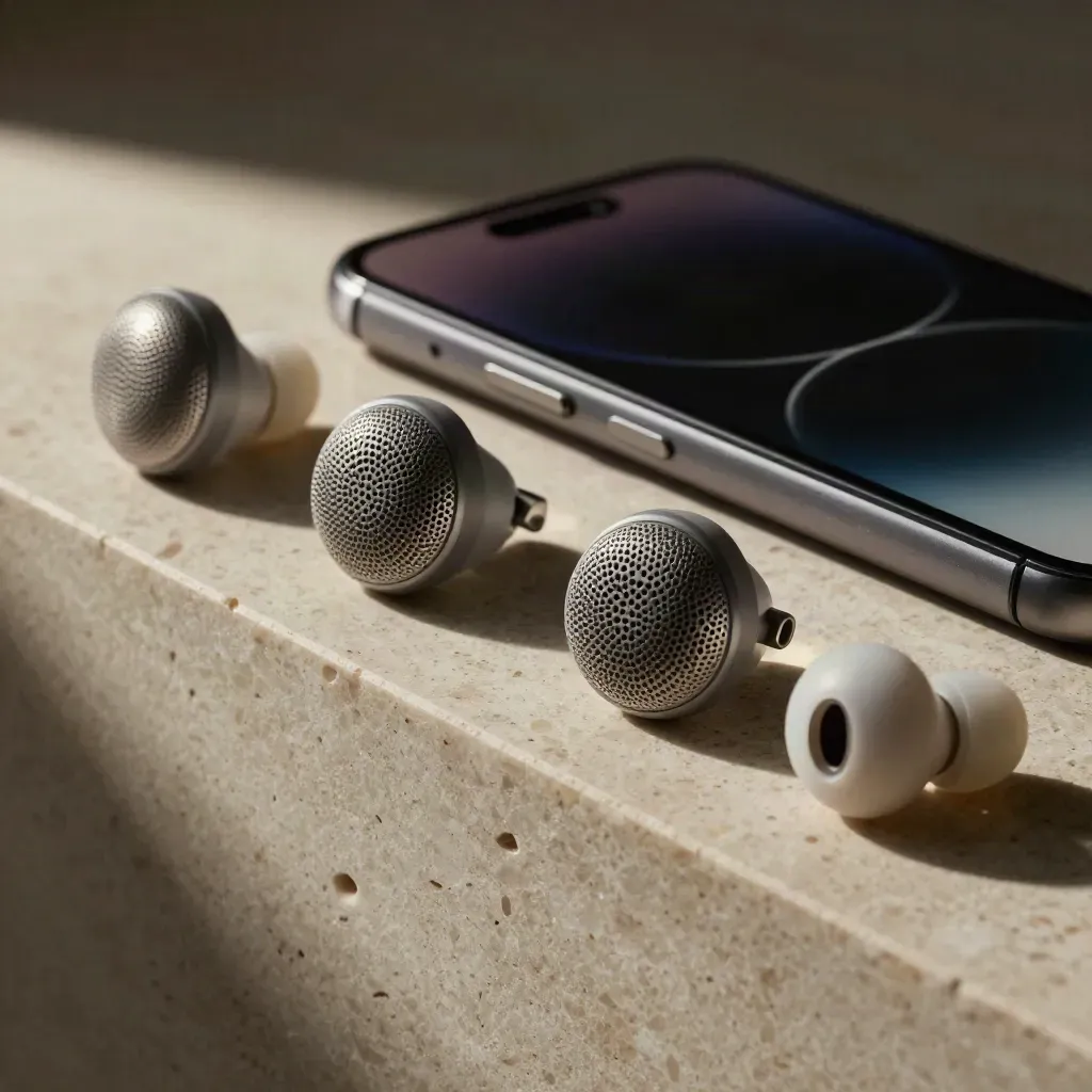 Travertinablage mit kleinen Speakern, Earbuds und zwei Smartphones in dramatischem Licht.