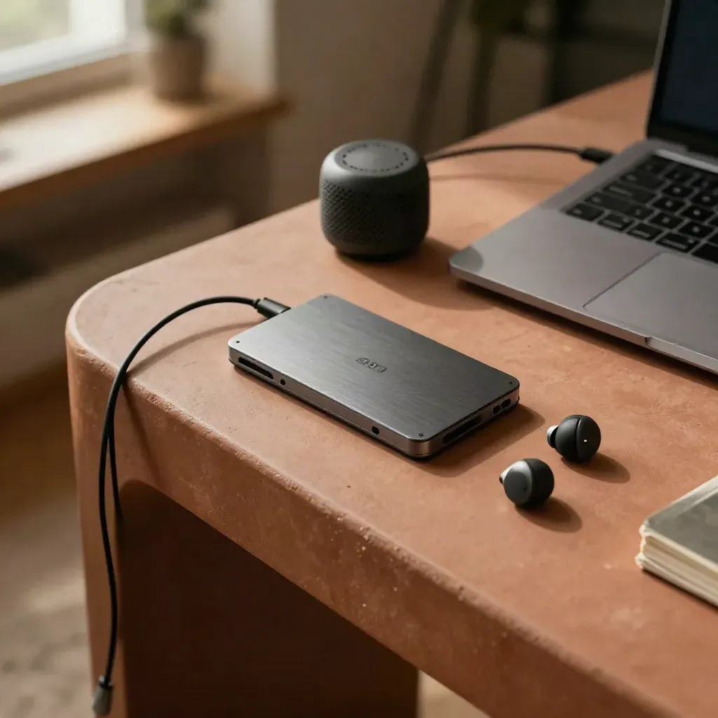SSD, Kopfhörer und kleiner Lautsprecher auf warmem Arbeitstisch neben geschlossenem Laptop