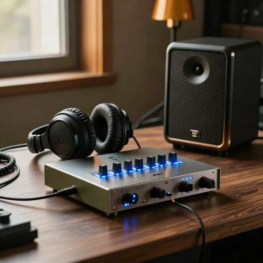 Audio-Interface, Kopfhörer und Monitorlautsprecher auf dunkler Werkbank im warmen Studiolicht.