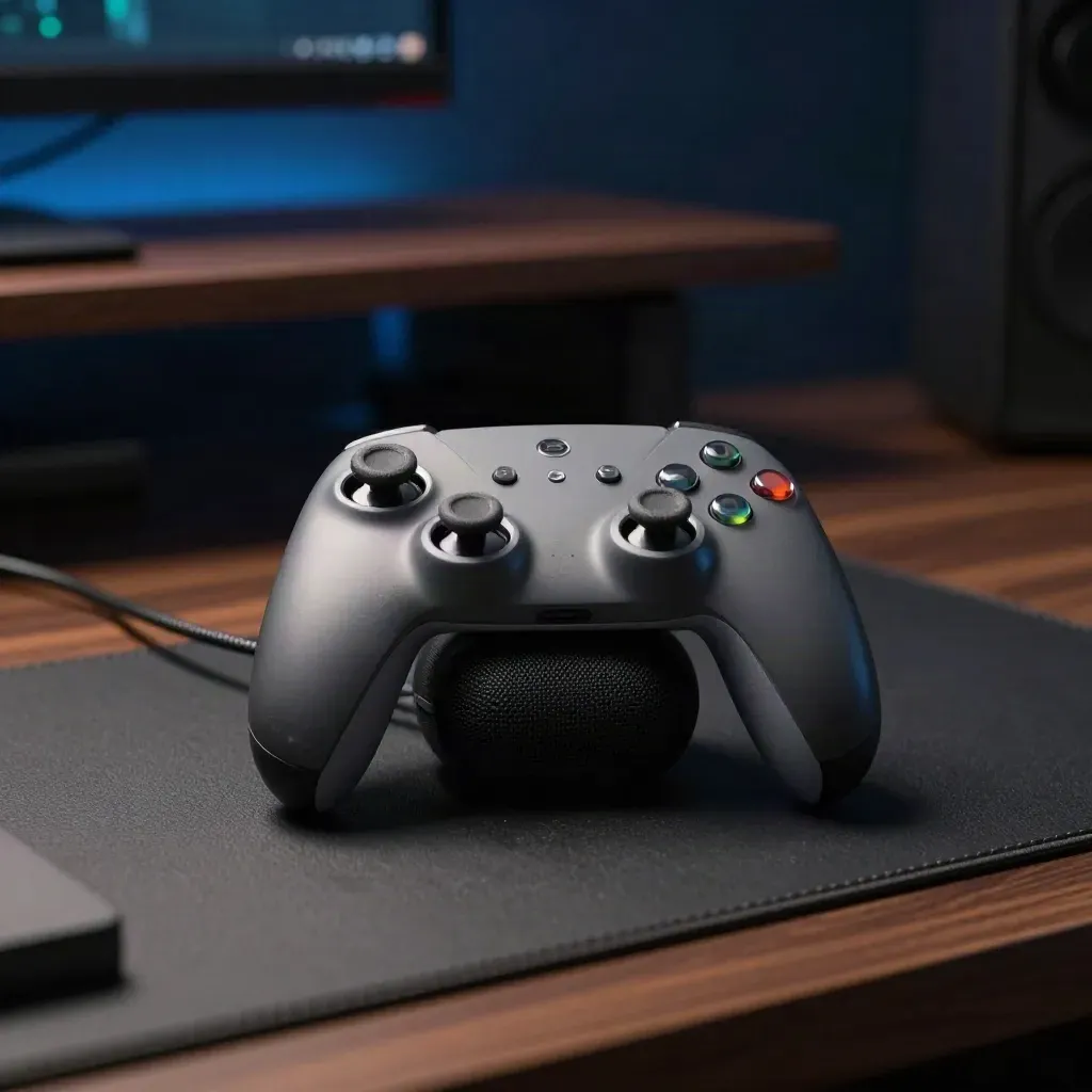 Spielcontroller neben Tastenaufsätzen und kleinem Lautsprecher auf dunklem Playroom-Tisch.