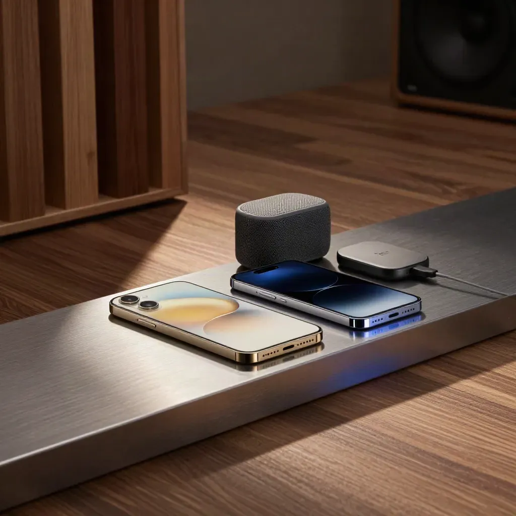 Zwei Android-Handys auf Metallständer neben Speaker und Ladepuck im warmen Testlicht.