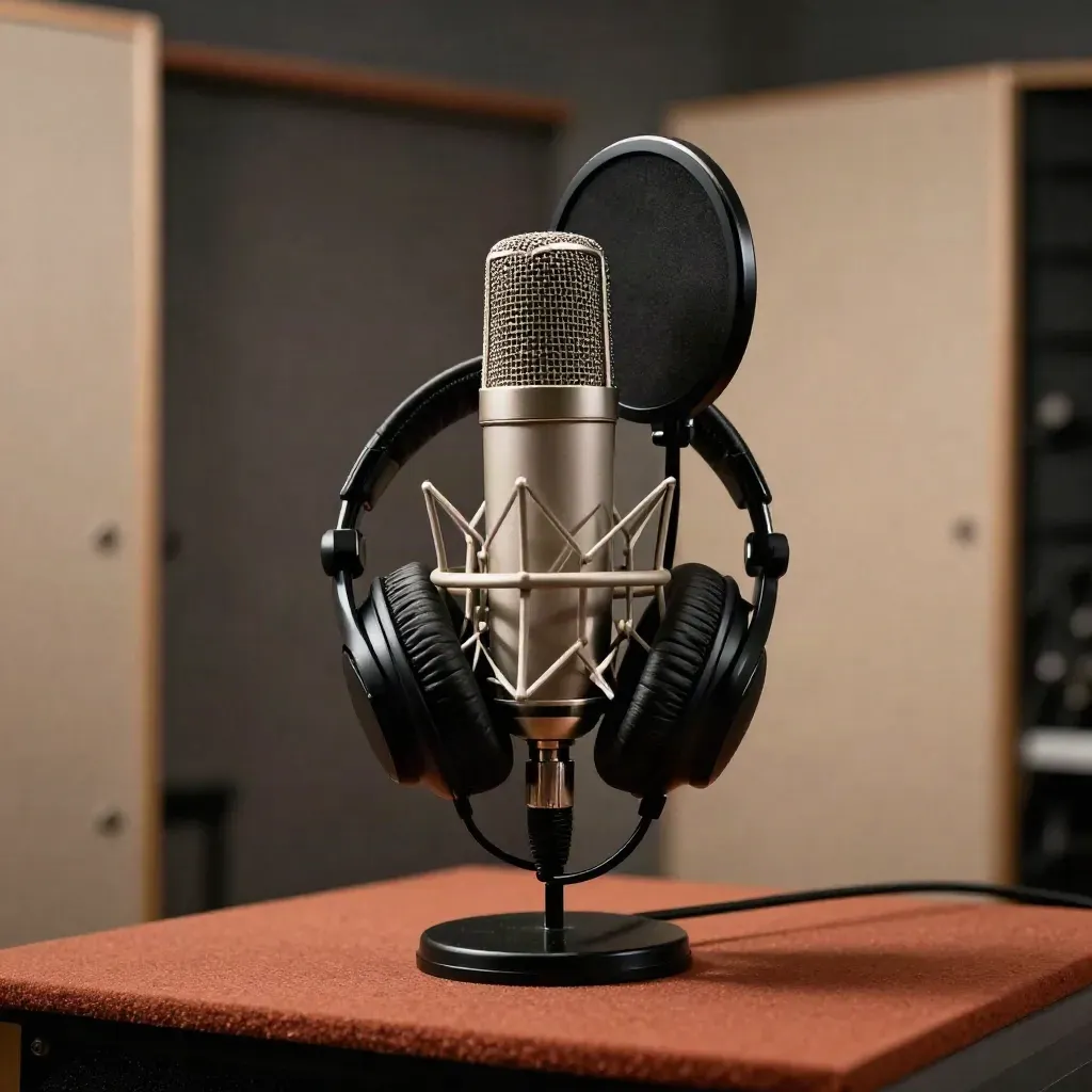 Mikrofon, Popfilter und Kopfhörer im leichten Boothaze auf einem Studioständer