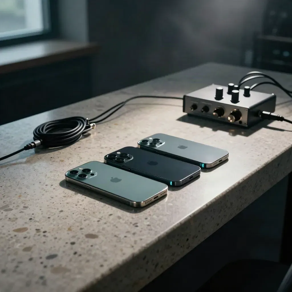 Drei iPhones liegen face-down neben einem Audio-Interface auf einer dunklen Studiobank im Dunst.