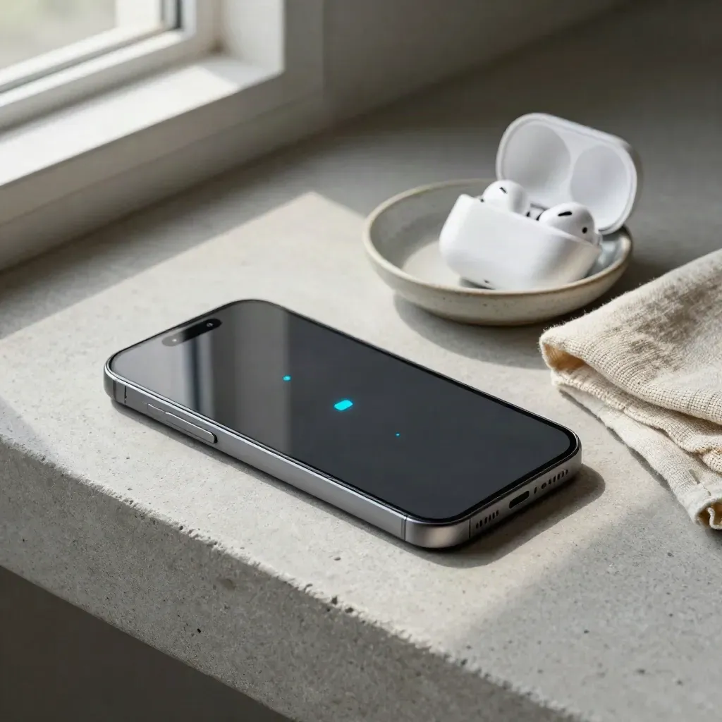 Smartphone, offene Earbuds-Hülle, Schale und Leinen auf Steinshelf, von oben.