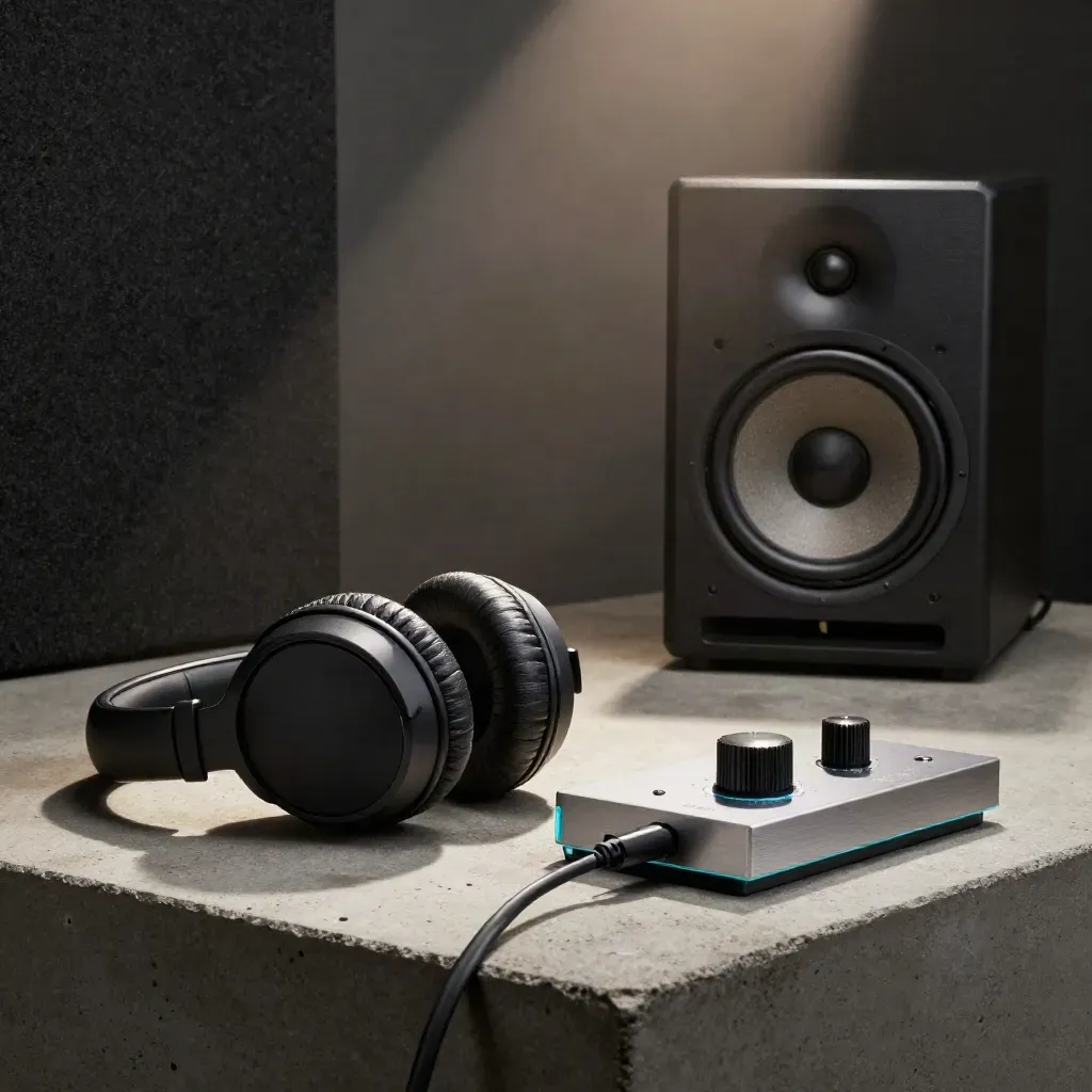 Studio-Szene mit Lautsprecher, Kopfhörern und Bassregler im düsteren Licht.
