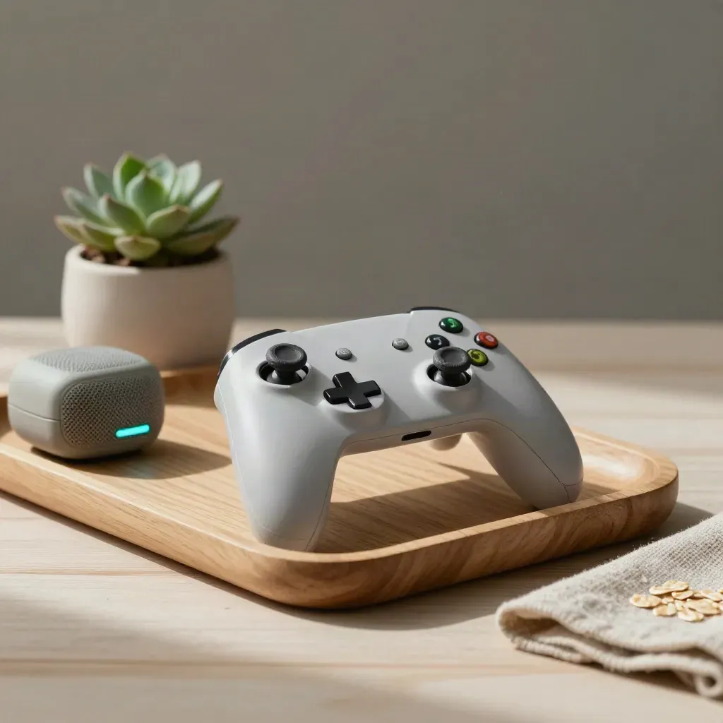 Matte Spielcontroller mit Mini-Lautsprecher, Sukkulente und Stoff auf hellem Holztablett