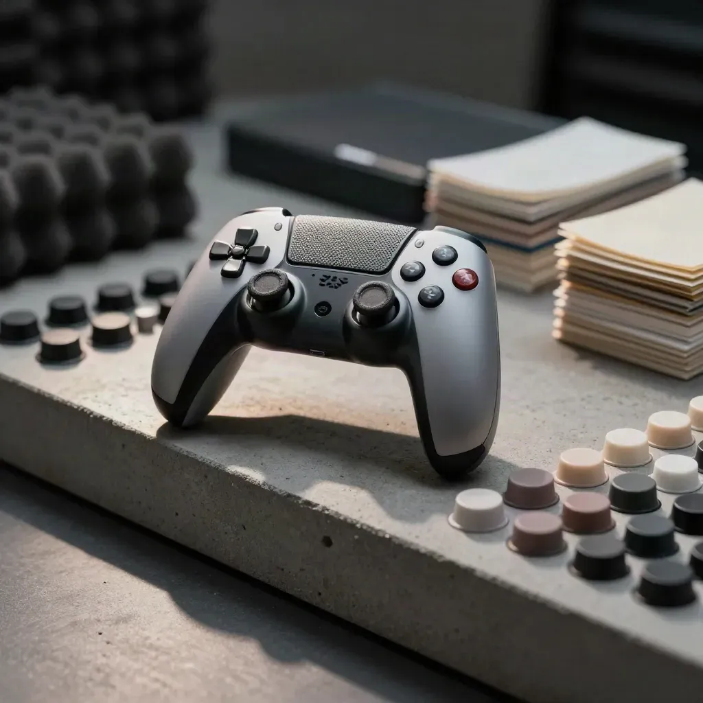 Gamecontroller, kleiner Speaker und Buttonkappen auf Beton im Sound-Testlicht