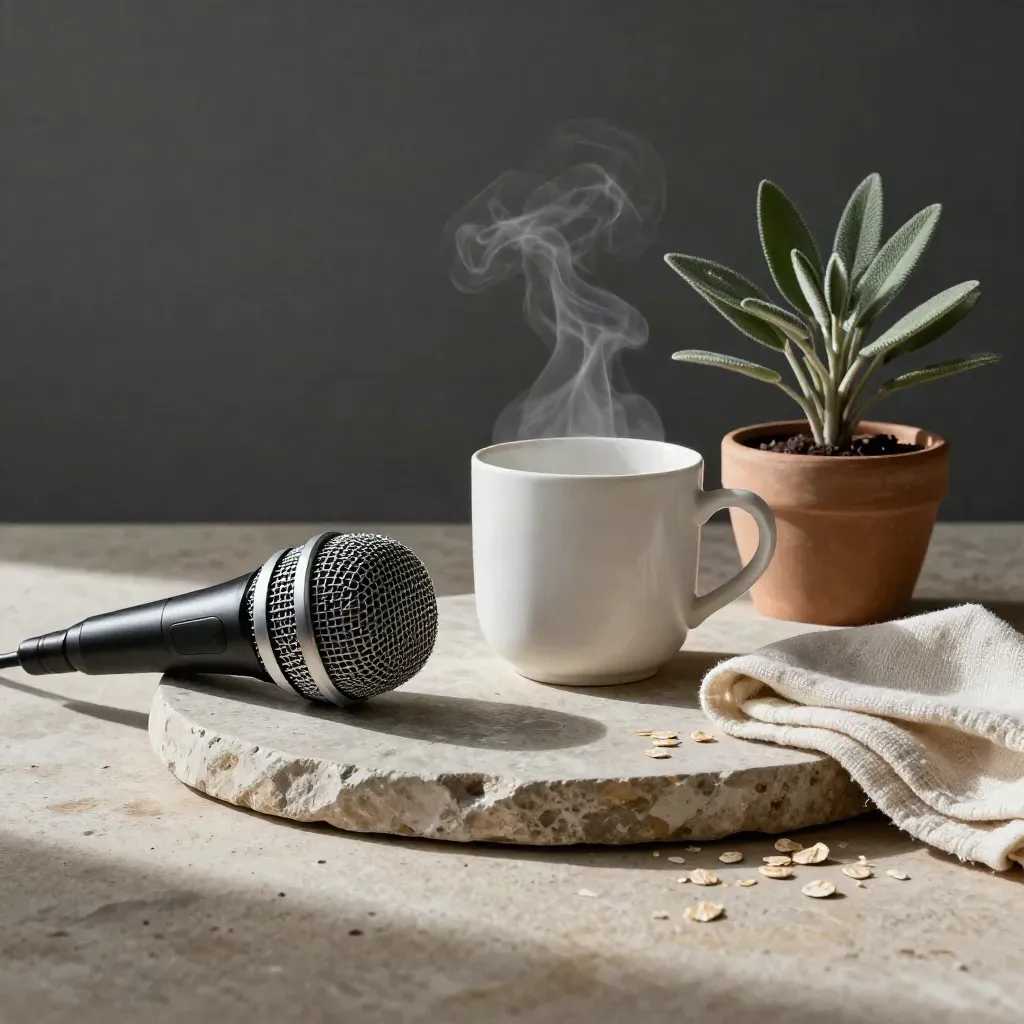 Mikrofonkopf, Keramiktasse und Pflanze auf Steintablett mit weichem Licht und Dampf.