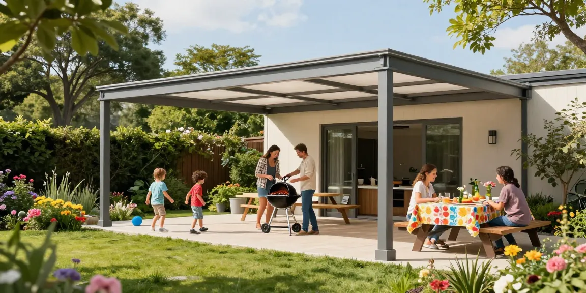 Freistehende Terrassenüberdachung im Garten mit Familie beim Grillen und Blumen.