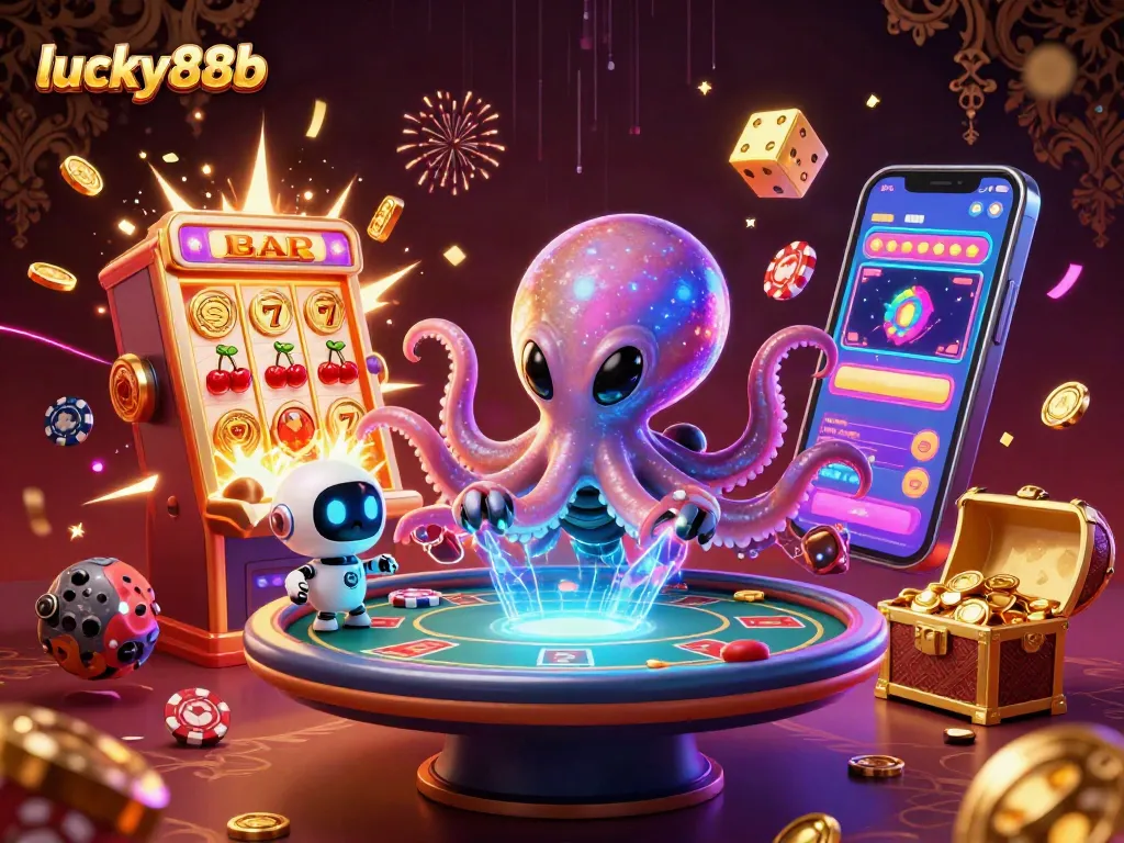 Experience epic wins with lucky88b at the holographic poker table surrounded by vibrant casino elements.
