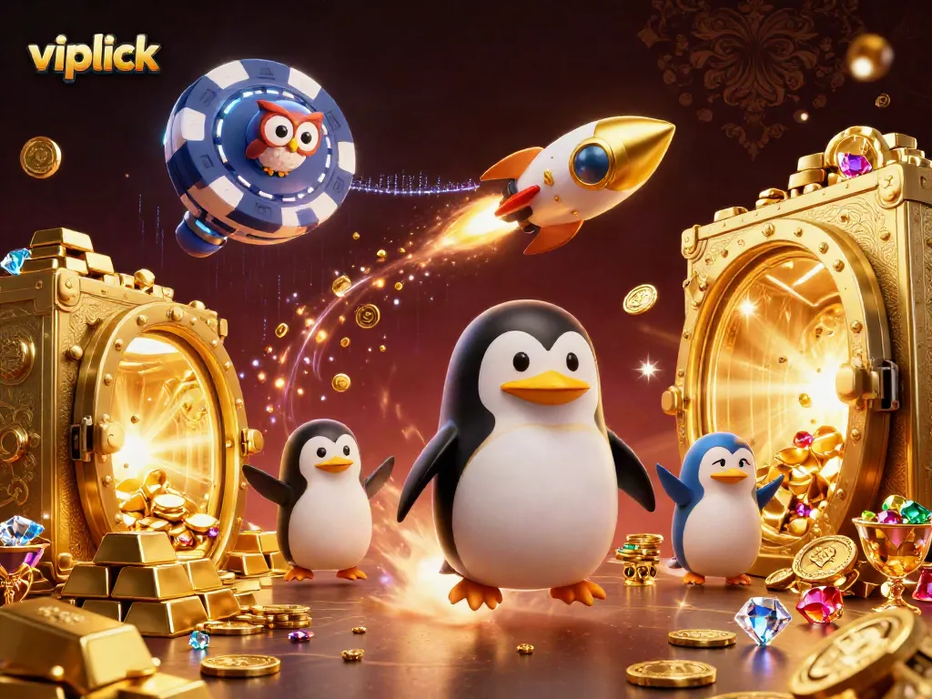 Spin to win with vipluck's casino adventure featuring golden treasures and colorful characters.
