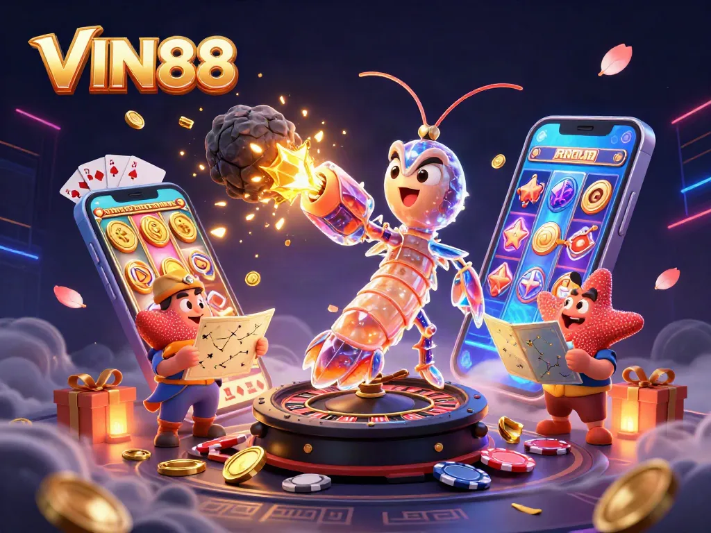 VIN88 offers exciting gameplay with galactic samurai and vibrant casino elements in a stunning 3D scene.