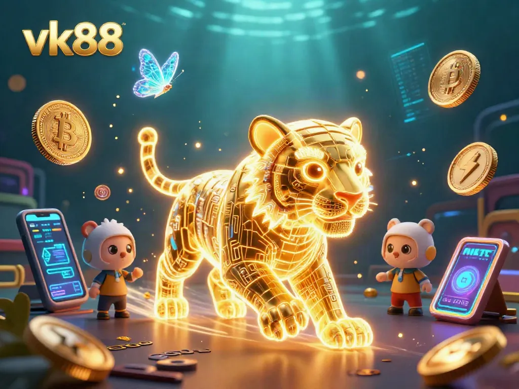 Experience vk88 with a golden tiger and digital elements in an exhilarating casino scene.