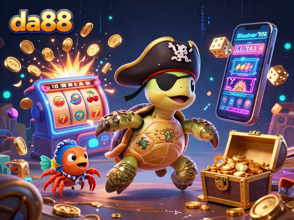 Experience excitement at da88 with a vibrant 3D pirate scene showcasing thrilling casino activities and treasures.