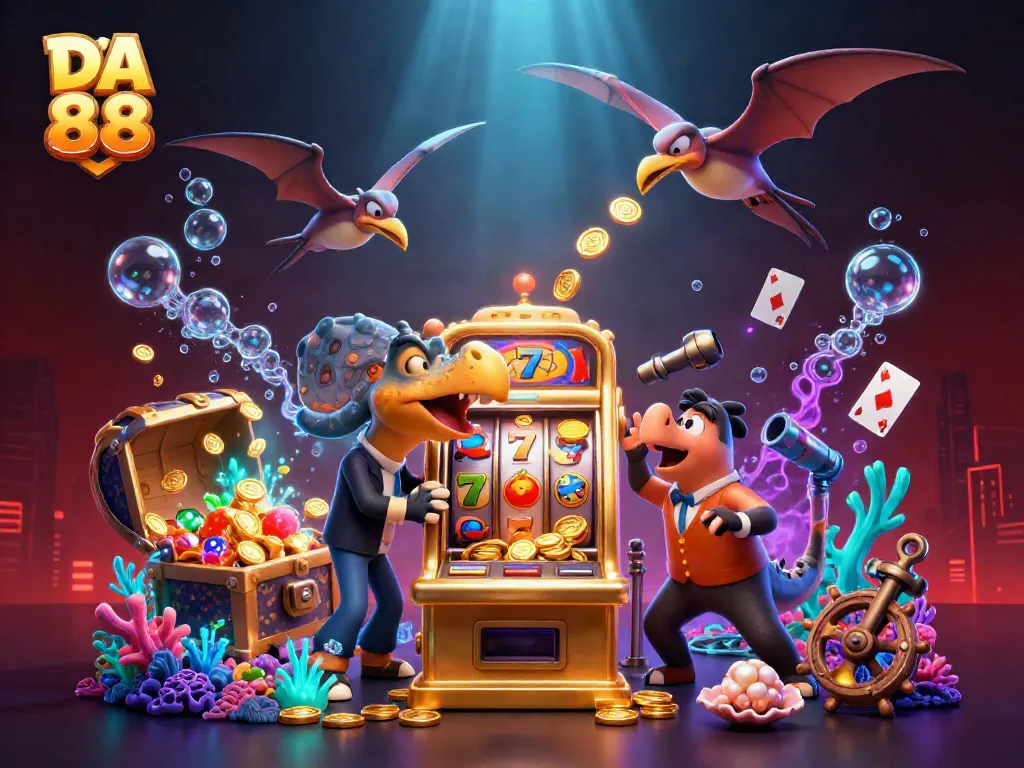 Experience excitement with DA 88 as a dinosaur interacts with a winning slot machine, capturing jackpot coins.