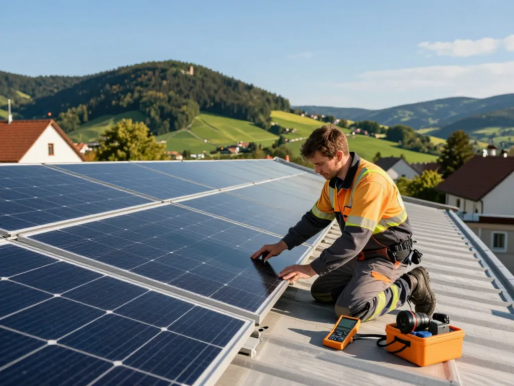 Photovoltaik Bayern Installation in Bayern, Techniker inspiziert Solarpanels auf einem sonnigen Dach, umgeben von grünen Hügeln.