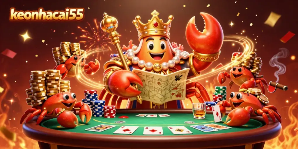 Engage with keonhacai55's thrilling atmosphere of sports betting featuring a golden crab emperor and poker elements.