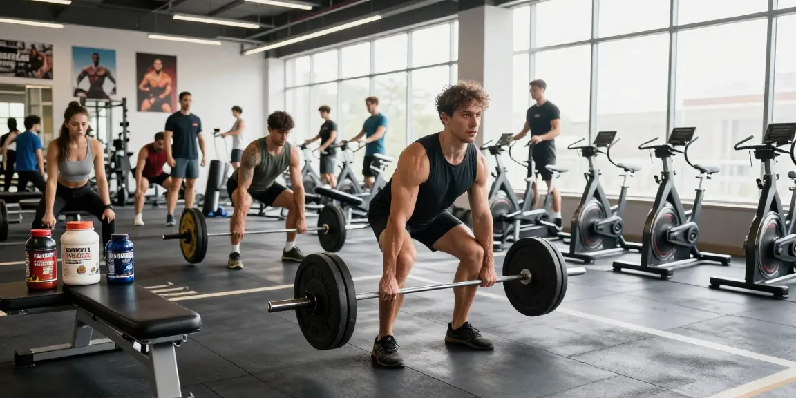 Kraftsportler hebt Gewichte in einer lebhaften Fitnessstudio-Szene im Anabolika Shop Deutschland und zeigt Hingabe zu Fitness und Muskelwachstum.