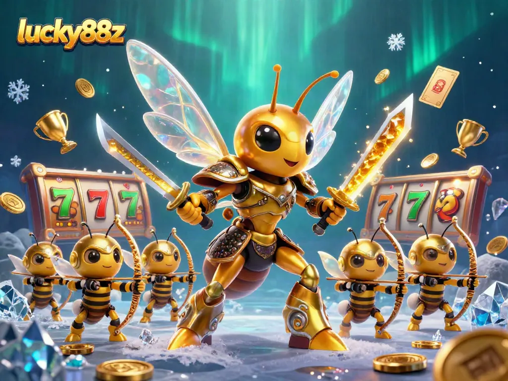 Experience the excitement of lucky88z with a dynamic 3D illustration of a hornet warrior surrounded by vibrant gaming elements.