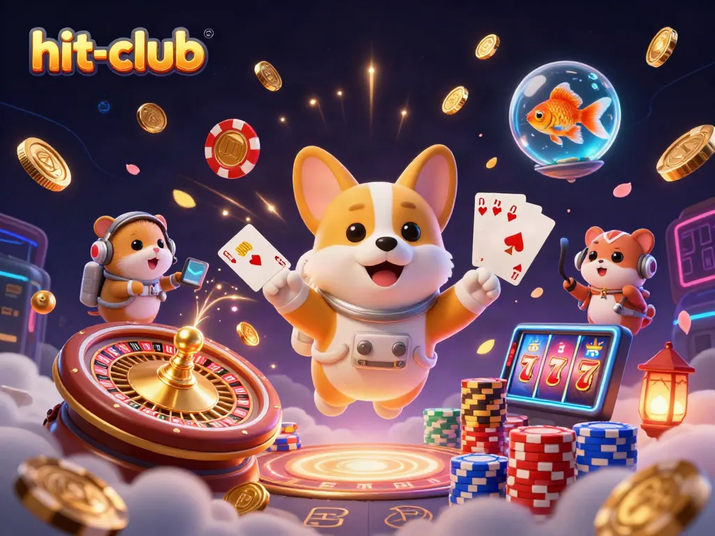 Engage with the thrill of hit-club in this dynamic space casino scene filled with floating coins and vibrant gaming elements.