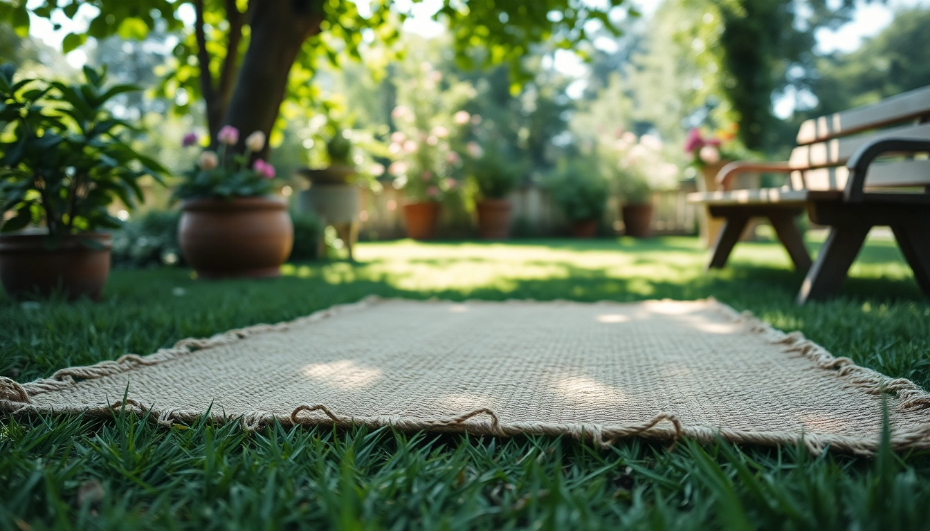 Hanfmatte auf einem ruhigen Rasenteppich in einem Garten mit natürlicher Textur und rustikalem Aussehen.