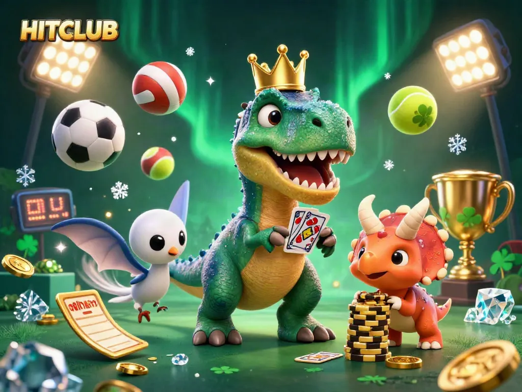 Experience HITCLUB's dynamic gaming energy with cartoon dinosaurs and sports-themed gambling elements.