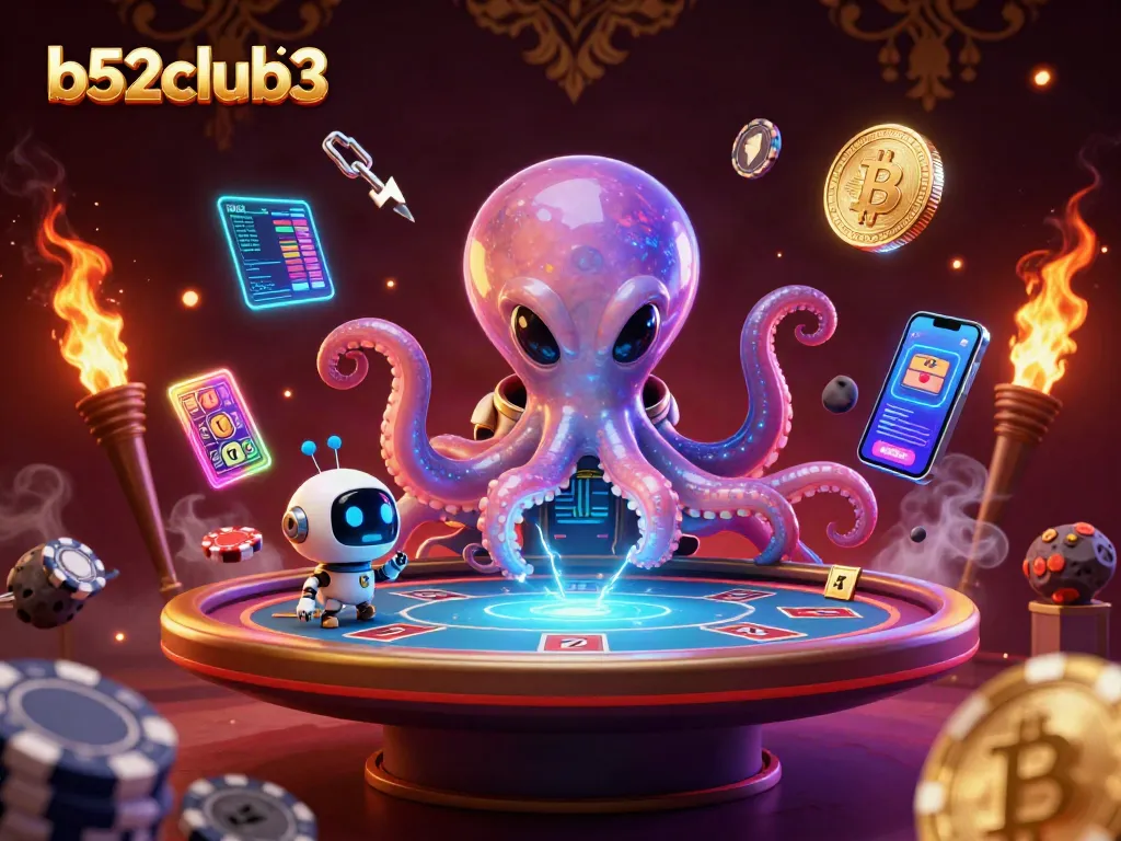 b52club3 showcases an exciting gameplay scene with a floating poker table, neon coins, and an alien octopus!