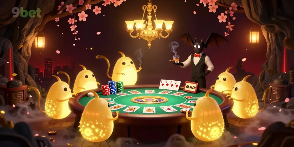 Engage with thrilling casino action at 9bet featuring glowworms lighting up a poker game.
