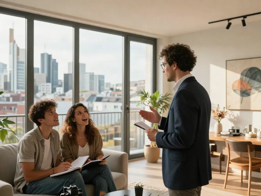 Bester Immobilienmakler Frankfurt zeigt ein modernes Apartment mit glücklichem Paar in Frankfurt.