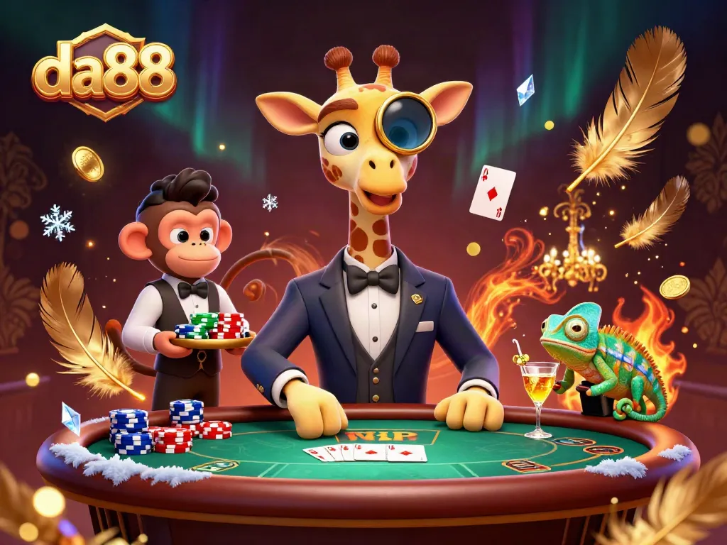 Play with da88's lively poker scene featuring a high-roller giraffe, adding excitement to your gaming experience.