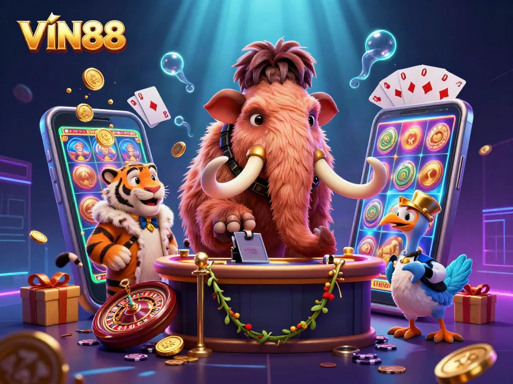 Experience the thrilling world of VIN88 casino games with vibrant characters and exciting elements in a colorful illustration.