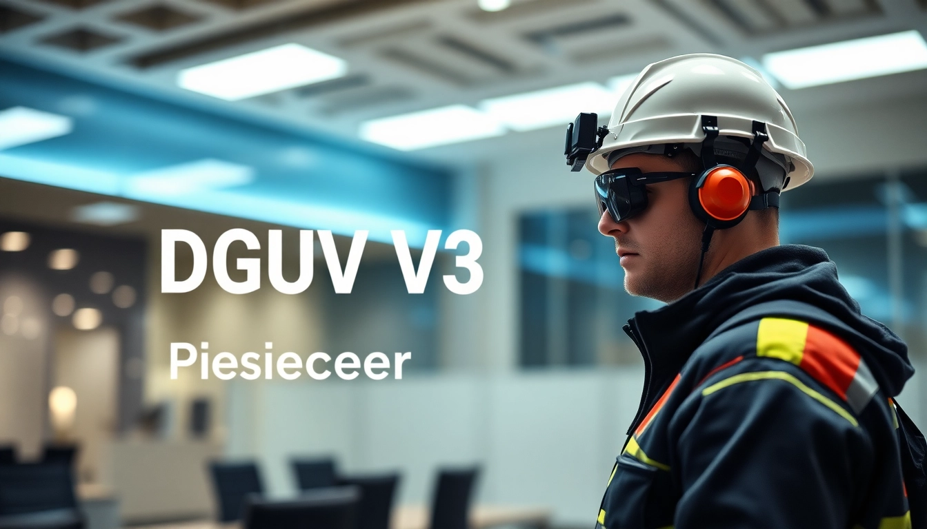 Prüfer führt eine DGUV V3 Prüfung in einem hellen Büro durch, mit Fokus auf Sicherheit und Technik.