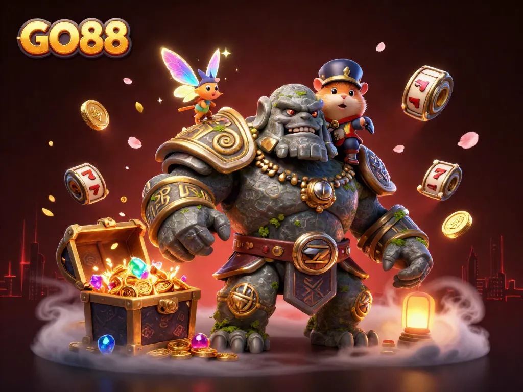 Experience the excitement of GO88 with immersive 3D illustrations showcasing casino elements and vibrant characters.